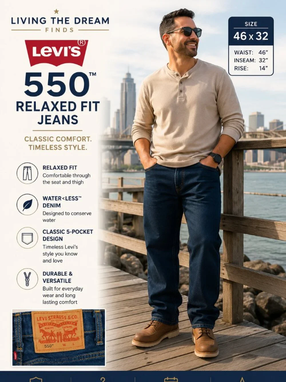Levi's 550 Men's Jeans W46 L32 Dark Wash Relaxed Fit Water<Less Denim Pants